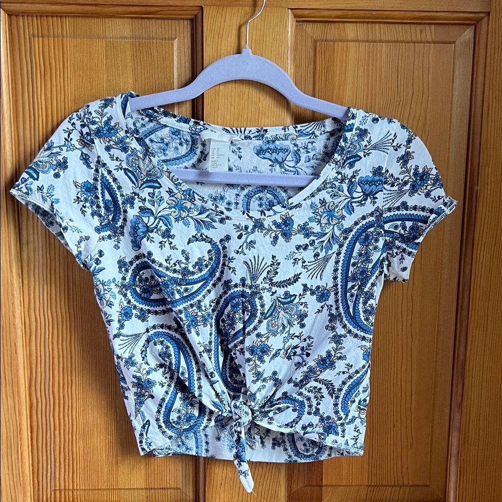 H&M Blue and White Paisley Crop Top